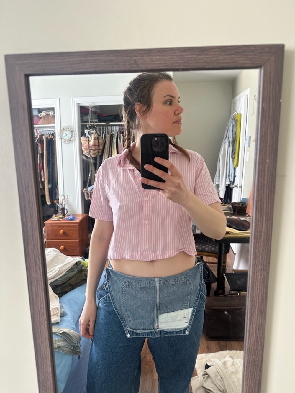 Bershka Pink Striped Cropped Button-Front Top